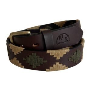 Ceinture polo argentine en cuir marron brodée vert et beige – Mulita